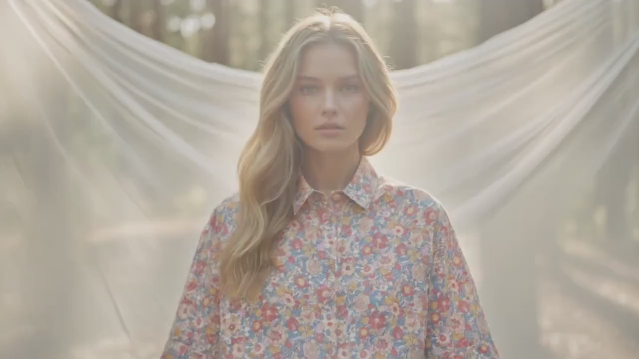 Liberty London Collared Shirt, Kimono Half-sleeved Blouse, Floral-Print Cotton Button-Up Chemise, Sustainable Handmade Womenswear