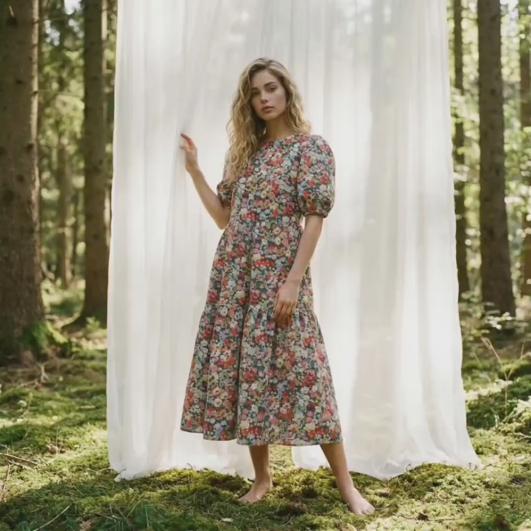 Liberty London Smock Sun Dress, Midi-length Puffed Short-Sleeved Tiered Dress, Handmade Sustainable Floral-Print Womenswear