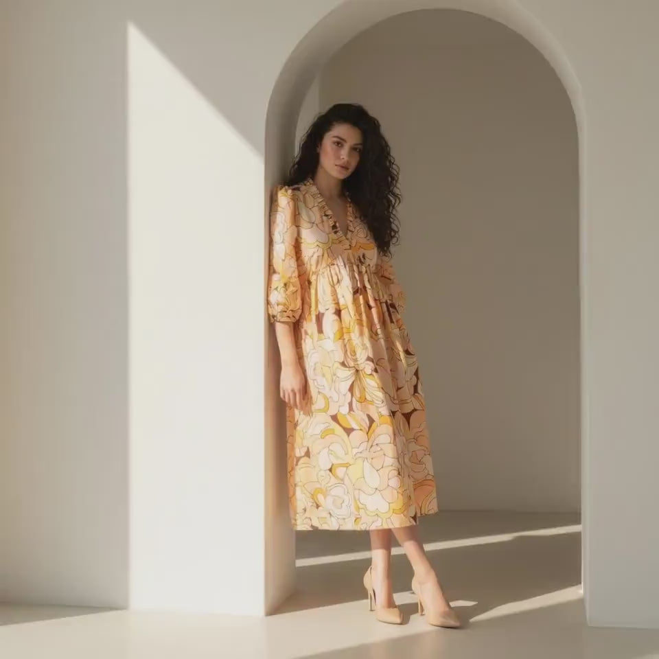 Liberty London Boho Midi Botanical Dress, Ruffle V-neck Collar 3/4 Puffy Sleeves Handmade Dress