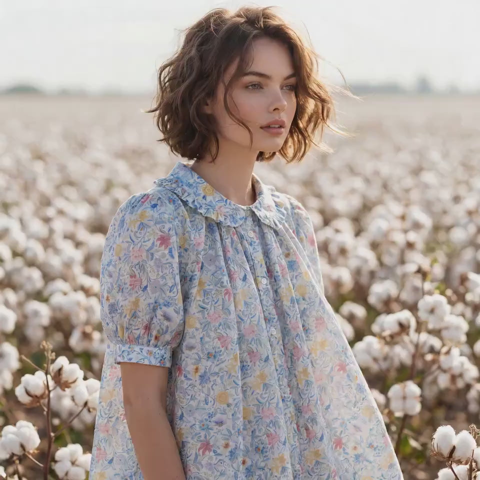 Liberty London Frilled Peter-Pan Collared Handmade Blouse, Button-up Puffed-Sleeves Chemise, Sustainable Tailoring Versatile Shirt