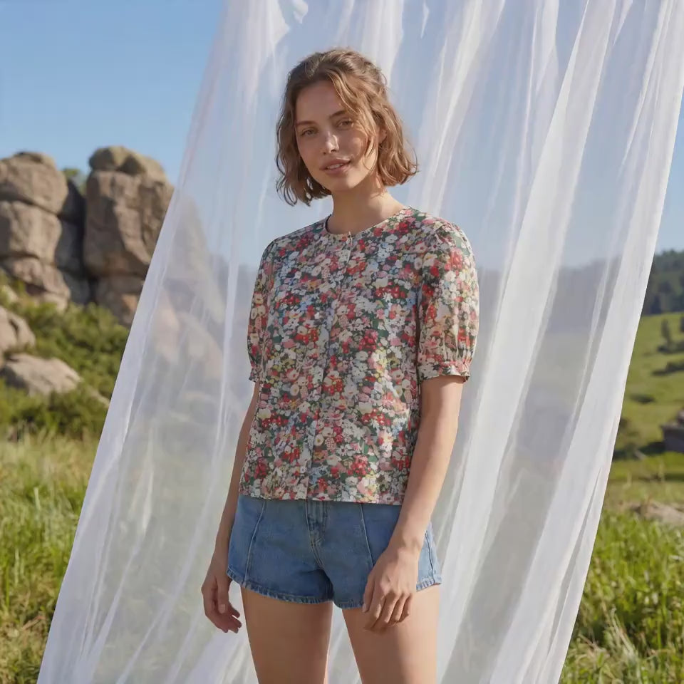 Liberty London Handmade Blouse, Button-up Short-Sleeved Shirt, Personalised Botanical Clothing, Sustainable Customised Cotton Top