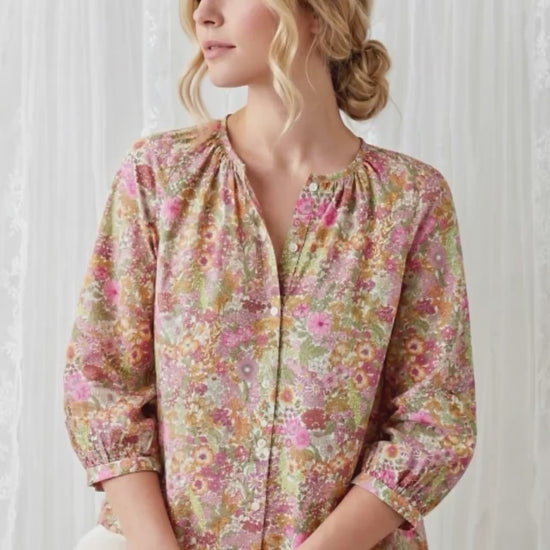 Liberty London Peasant Button-Up Blouse, Three-quarter Bishop Sleeves Shirt, Handcrafted Botanical Clothing, Sustainable Womenswear