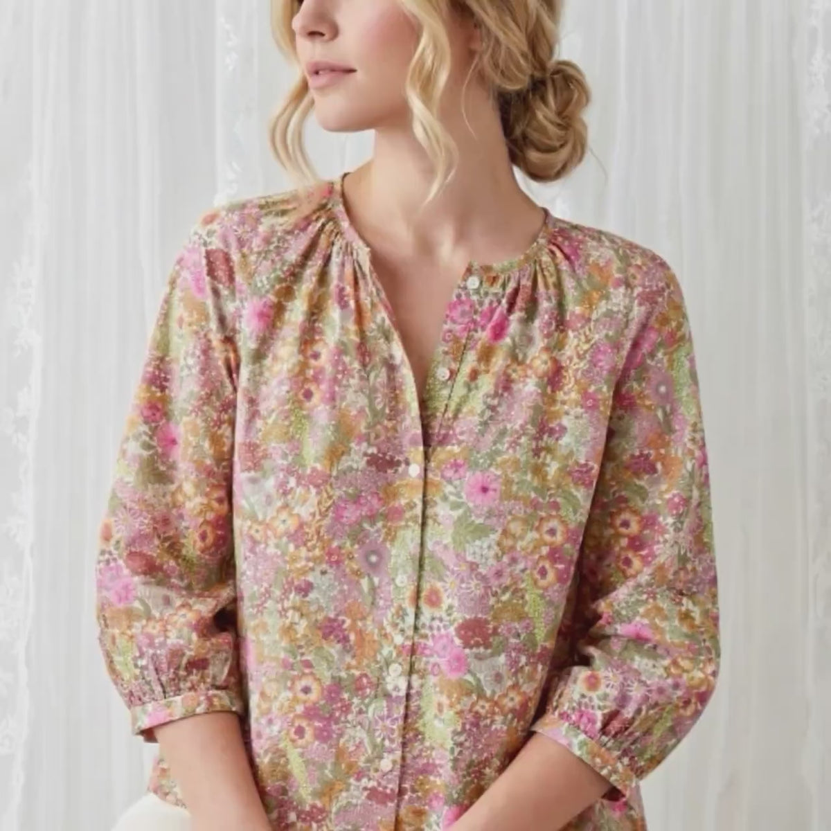 Liberty London Peasant Button-Up Blouse, Three-quarter Bishop Sleeves Shirt, Handcrafted Botanical Clothing, Sustainable Womenswear