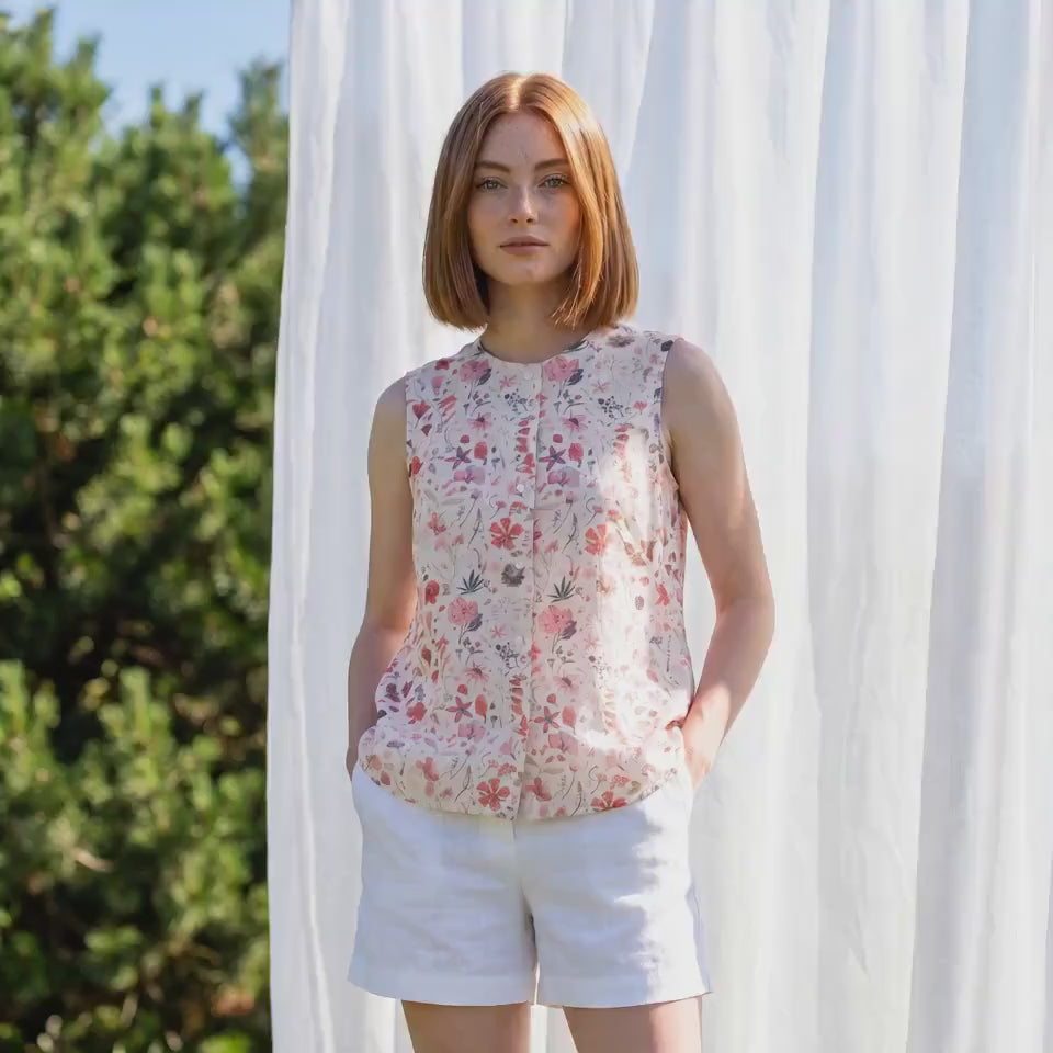 Liberty London Sleeveless Blouse, Button-up Tailoring Botanical Shirt, Personalised Customised Top, Sustainable Cotton Womenswear