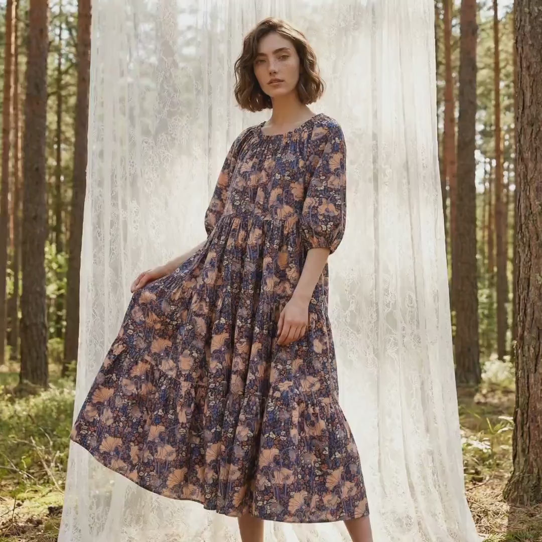 Liberty London Smock Three-quarter Bishop Sleeves Boho Dress, Handmade Personalised Botanical Clothing, Sustainable Womenswear