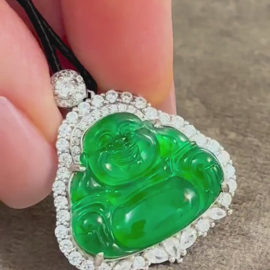 Icy Vivid Green Smiling Buddha Jadeite Pendant, Guatemalan Pendant Necklace, Certified Natural Untreated Jewellery