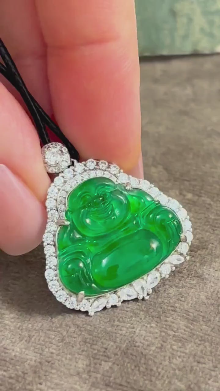 Icy Vivid Green Smiling Buddha Jadeite Pendant, Guatemalan Pendant Necklace, Certified Natural Untreated Jewellery