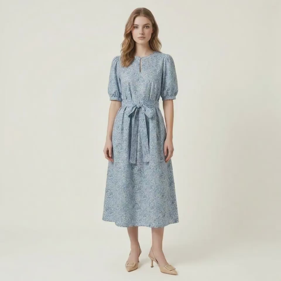 Liberty London Midi-Length Dress, Ditsy Floral-Print Puffed-Sleeves Cotton Clothing, Handmade Slow-Fashioned Womenswear, Botanical Gown