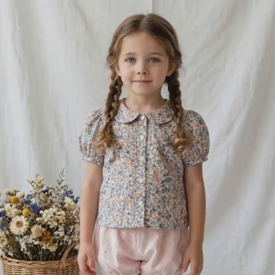 Liberty London Peter-Pan Collared Short-Sleeved Blouse, Handmade Button-up Shirt, Sustainable Ethical Children-wear, Floral Top