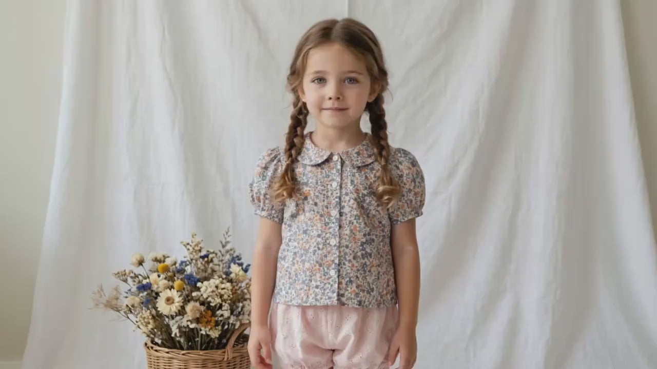 Liberty London Peter-Pan Collared Short-Sleeved Blouse, Handmade Button-up Shirt, Sustainable Ethical Children-wear, Floral Top