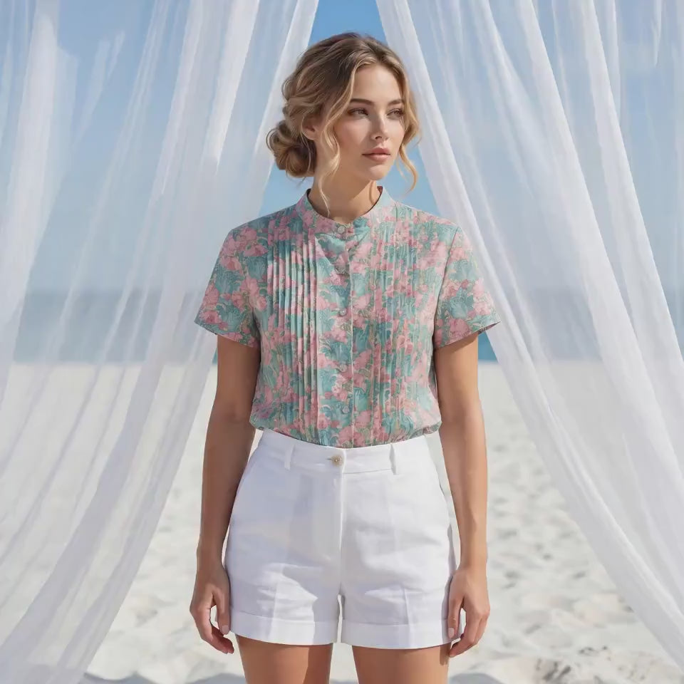 Liberty London Mandarin Collared Pin-tuck Short-sleeved Top, Button-up Blouse, Handcrafted Personalised Shirt, Tailoring Chemise