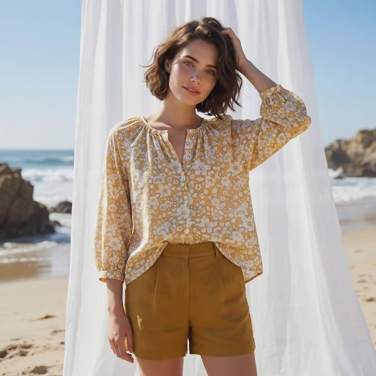 Liberty London Gathered Blouse, Three-quarter Bishop Sleeves Shirt, Handcrafted Tailoring Clothing, Button-up Botanical Chemise