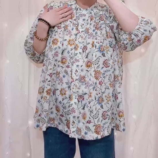 Liberty London Mandarin Collar Blouse, Bishop Three-quarter Sleeves Shirt, Handmade Womenswear, Sustainable Cotton Clothing