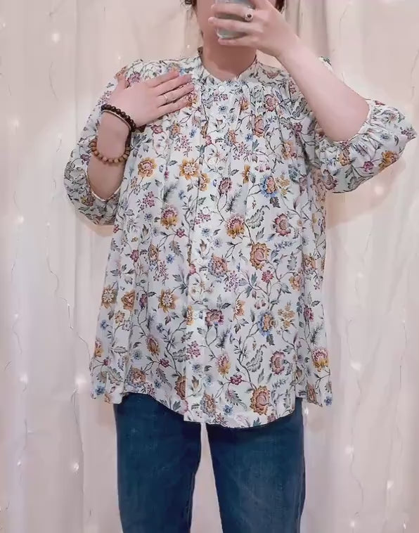 Liberty London Mandarin Collar Blouse, Bishop Three-quarter Sleeves Shirt, Handmade Womenswear, Sustainable Cotton Clothing