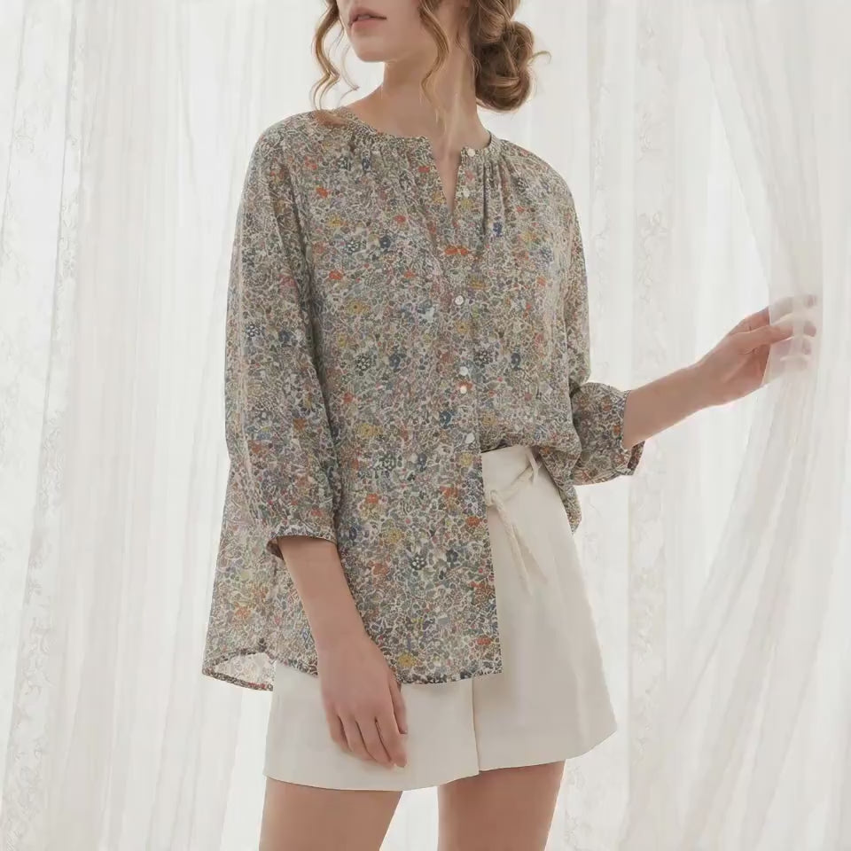 Liberty London Gathered Blouse, Three-quarter Bishop Sleeves Shirt, Handcrafted Tailoring Clothing, Button-up Botanical Chemise