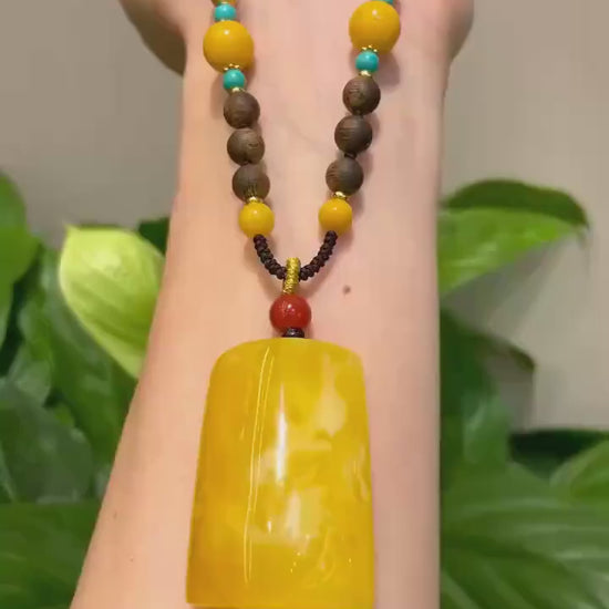Royal Baltic Amber Pendant Necklace, Customised Non-treated Natural Gemstone, Rich Yellow-White Golden-Orange  Bee Wax