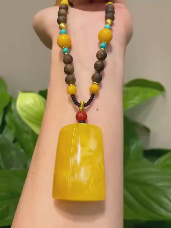Royal Baltic Amber Pendant Necklace, Customised Non-treated Natural Gemstone, Rich Yellow-White Golden-Orange  Bee Wax
