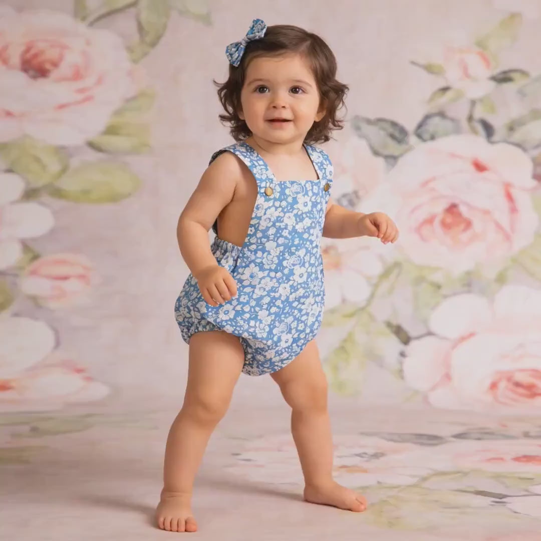 Liberty London Blue Floral Print Bubble Romper, Handmade Ditsy Cotton Tana Lawn Suspender Sunsuit