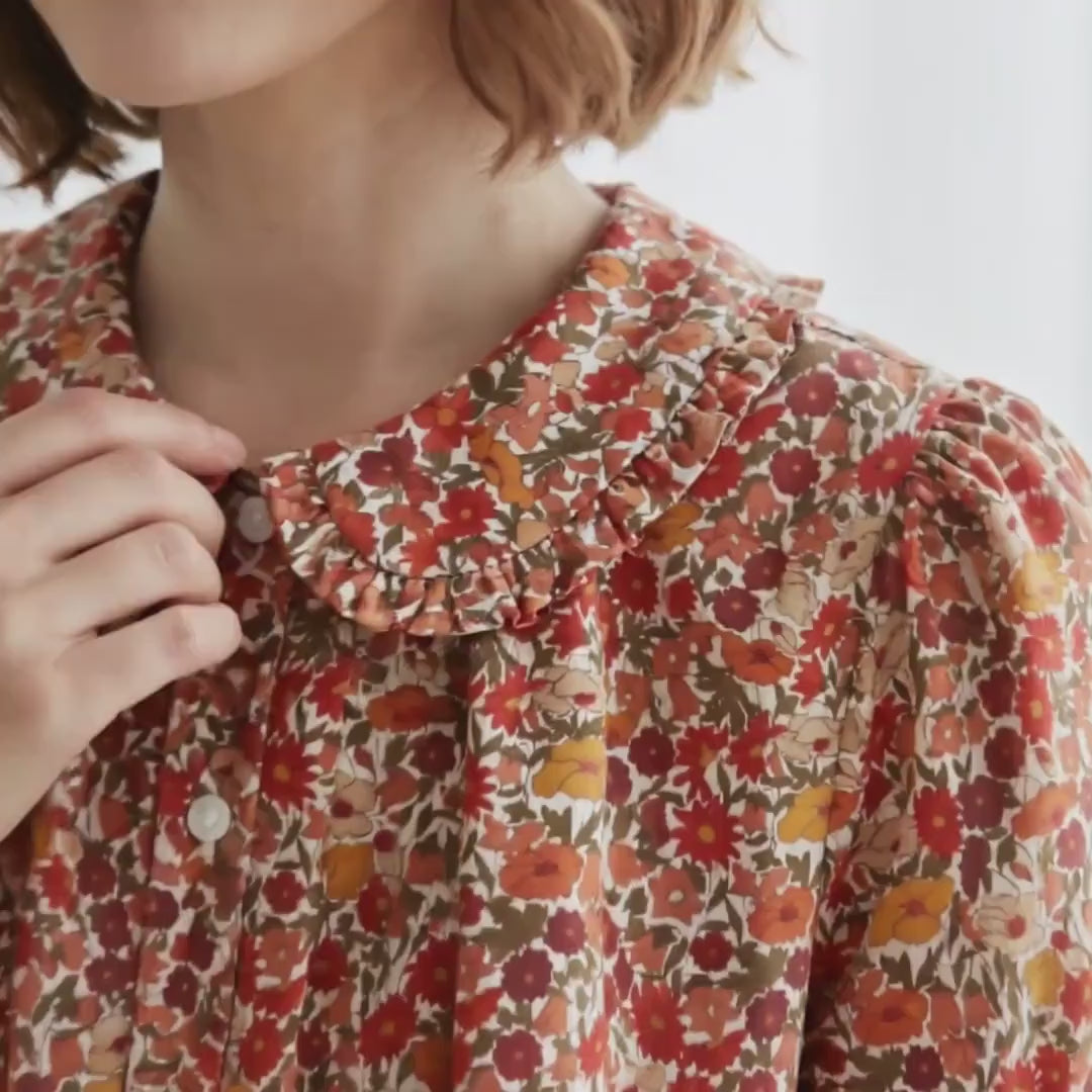 Liberty London Frilled Peter-Pan Collared Handmade Blouse, Button-up Puffed-Sleeves Chemise, Sustainable Tailoring Versatile Shirt