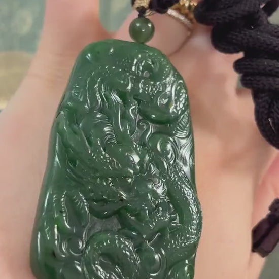 Russian Nephrite Dragon Necklace, Untreated Gemstone Jewellery, Green Natural Ornament, Sustainable Handmade Men Accessories