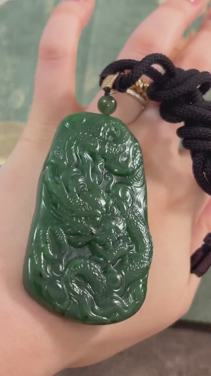 Russian Nephrite Dragon Necklace, Untreated Gemstone Jewellery, Green Natural Ornament, Sustainable Handmade Men Accessories