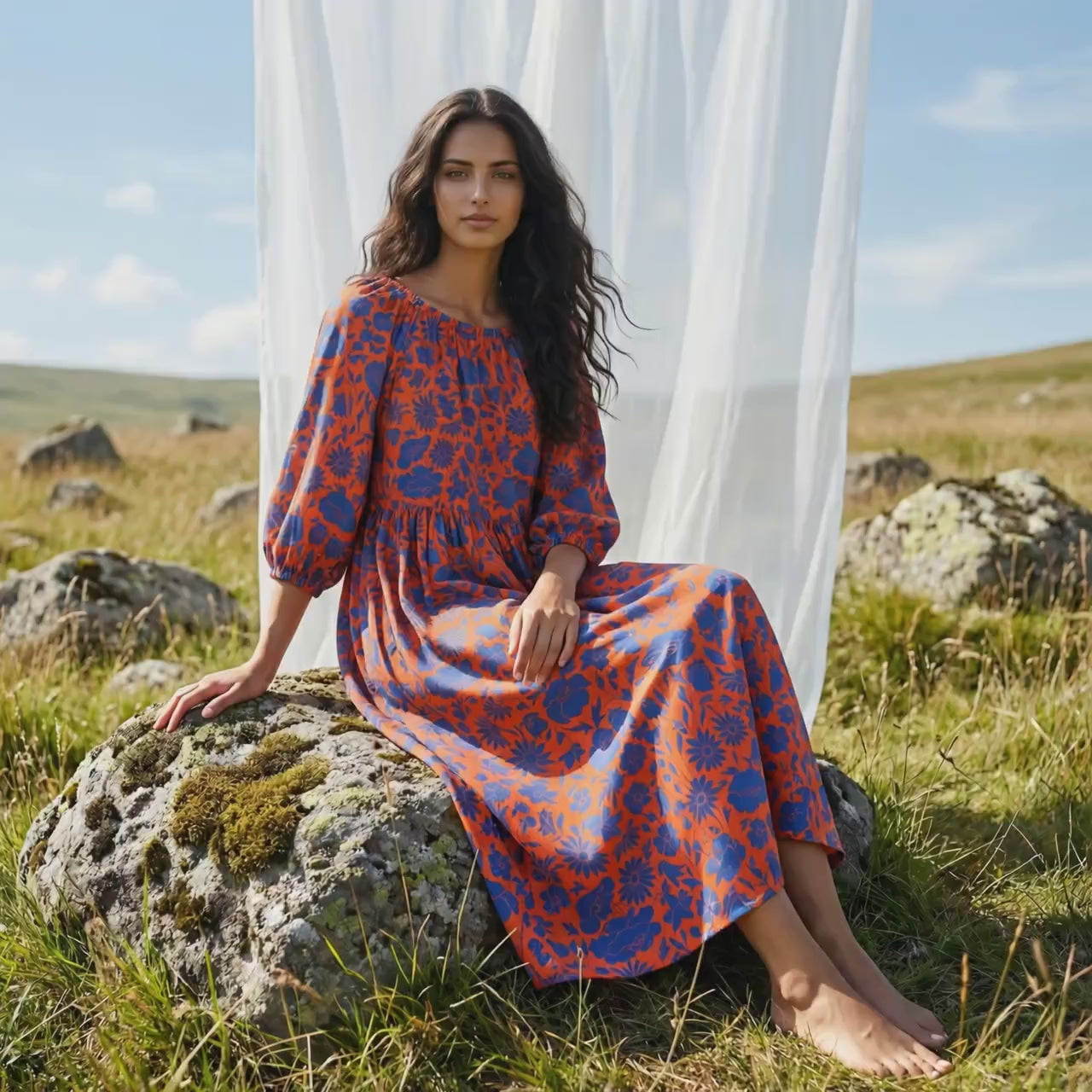 Liberty London Three-quarter Bishop Sleeves Boho Dress, Handmade Personalised Botanical Clothing, Sustainable Cotton Womenswear