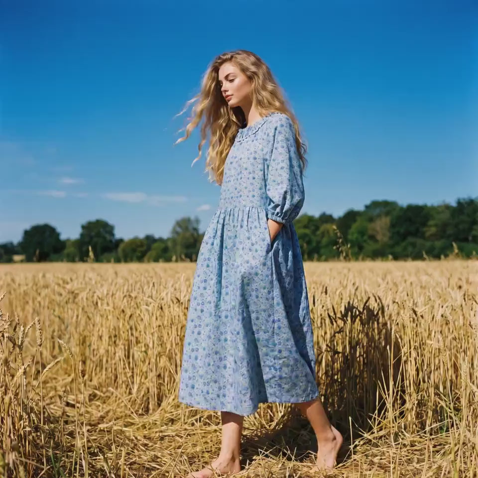 Liberty London Smock Three-quarter Bishop Sleeves Boho Dress, Handmade Personalised Botanical Clothing, Sustainable Womenswear