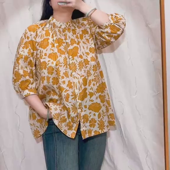 Mandarin Collar Liberty Blouse Floral Print 3/4 Sleeves