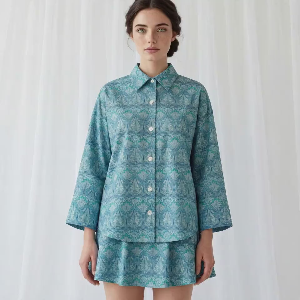 Liberty London Kimono Shirt, Bracelet Sleeves Button-up Chemise, Handmade Personalised Blouse, Botanical Sustainable Clothing