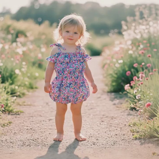 Liberty London Bubble Ditsy Floral Print Romper, Personalised Blue Pink Straps Ties Onesie Playsuit