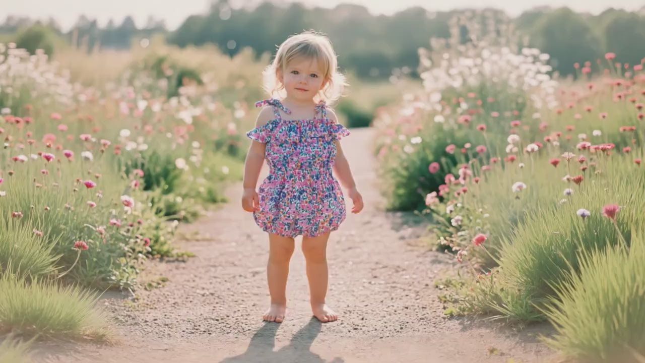 Liberty London Bubble Ditsy Floral Print Romper, Personalised Blue Pink Straps Ties Onesie Playsuit