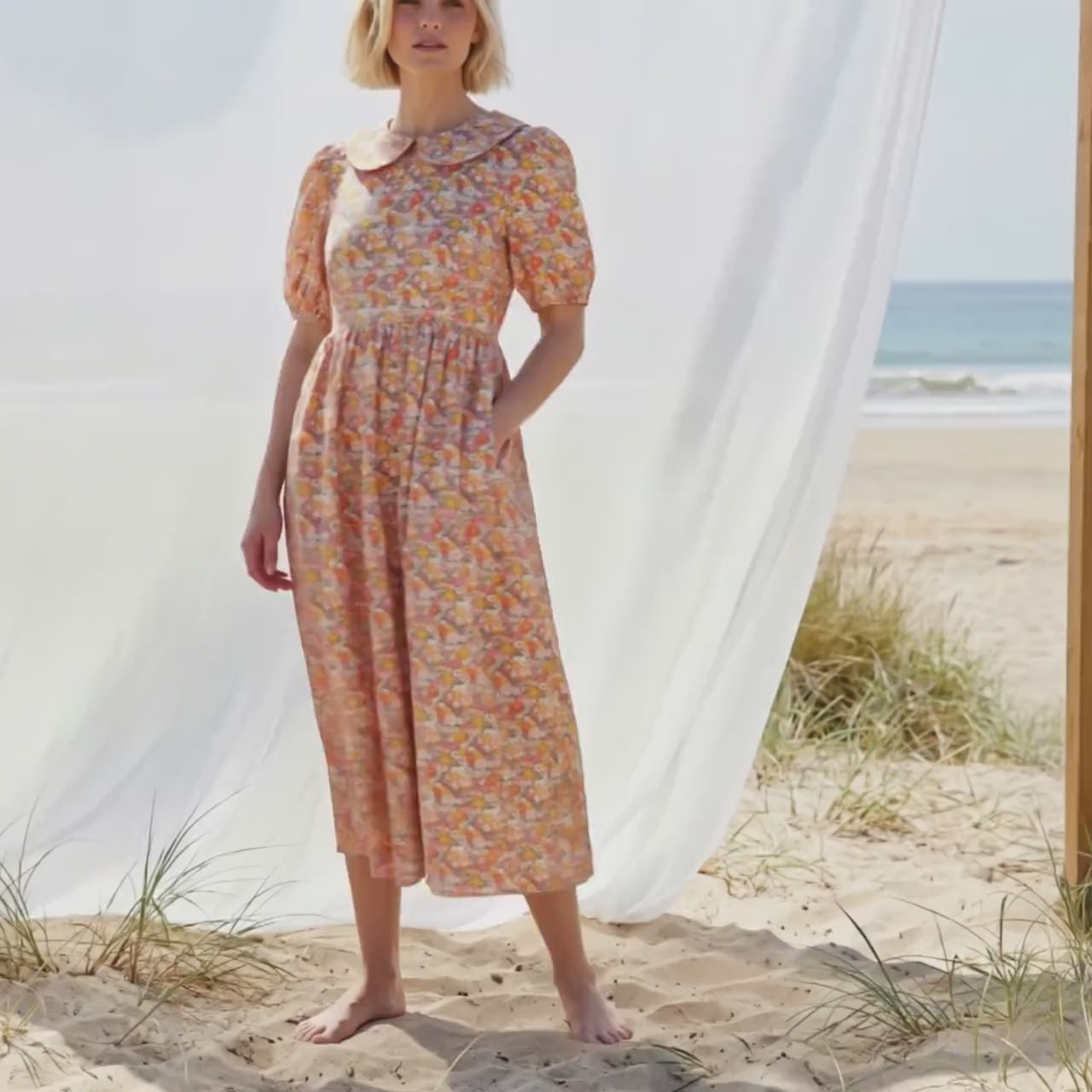Liberty London Peter-Pan Collared Loose-fit Puffed Short-sleeved Dress, Handmade Sustainable Womenswear, Botanical Cotton Clothing