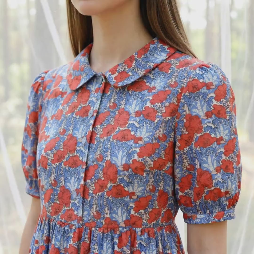 Liberty London Peter-Pan Collared Short-sleeved Dress, Handmade Sustainable Womenswear, Personalised Versatile Cotton Botanical Clothing