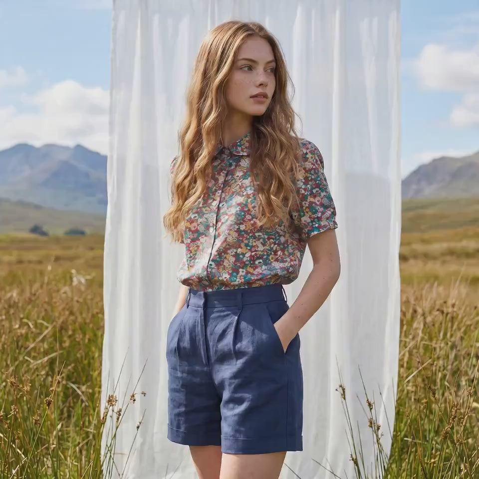 Liberty London Floral Cotton Shirt, Peter Pan Collar, Short Sleeves, Botanical Print Womenswear