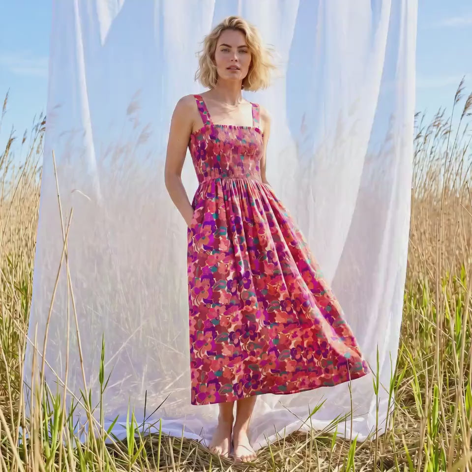 Liberty London Smock Shirred Sundress, Handmade Sustainable Clothing, Botanical Personalised Womenswear, Customised Tailoring Dress