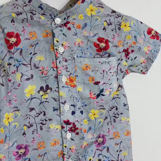 Mandarin Collar Liberty London Fabric Short Sleeve Boy Shirt: Button Up, Botanical Floral