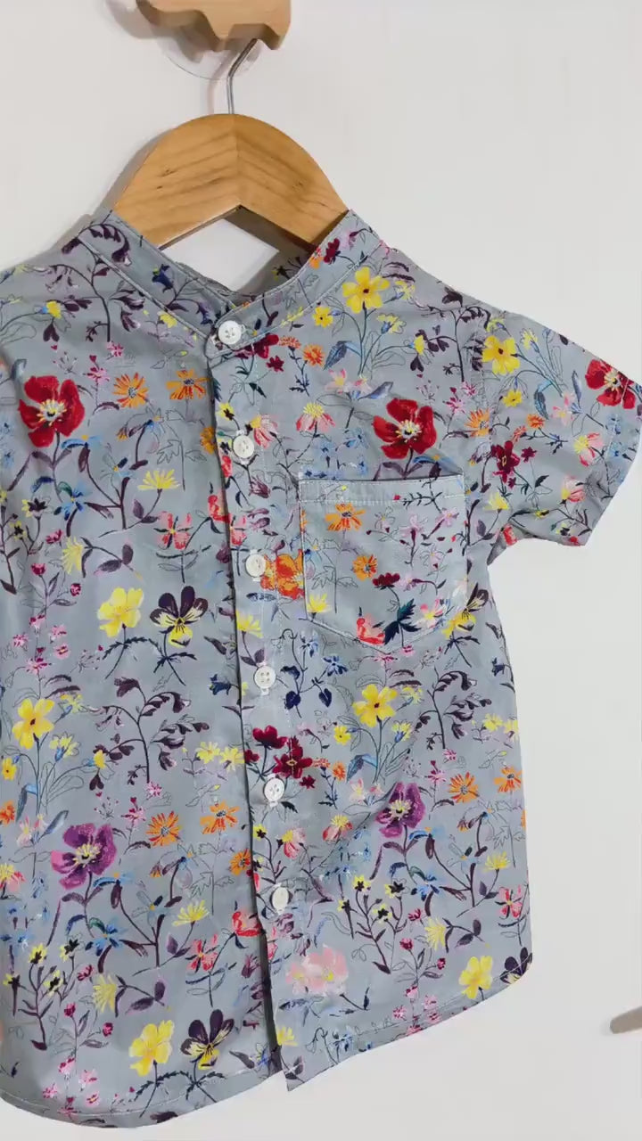 Mandarin Collar Liberty London Fabric Short Sleeve Boy Shirt: Button Up, Botanical Floral