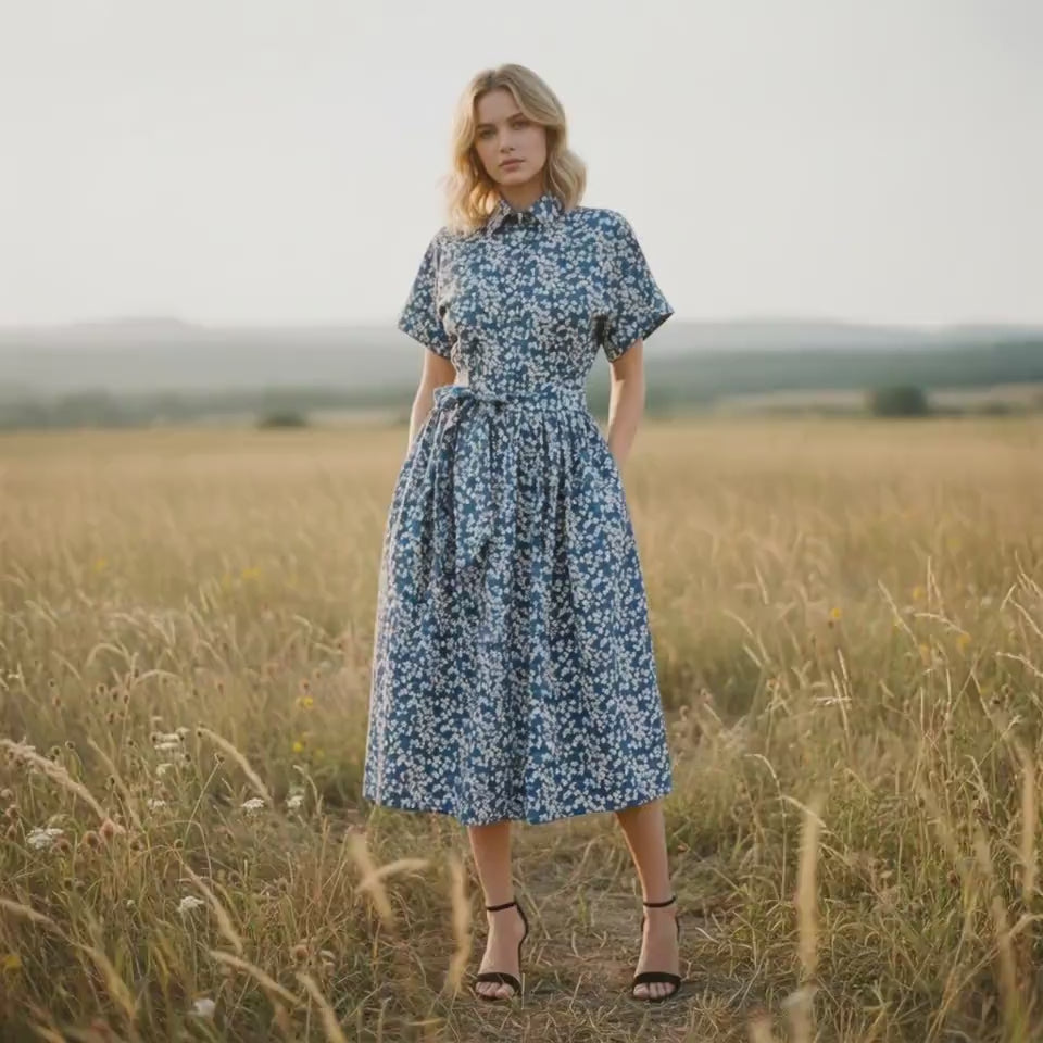 Liberty London Midi Shirt Dress, Drop Shoulder Short Sleeves Blue White Floral Handmade Clothing