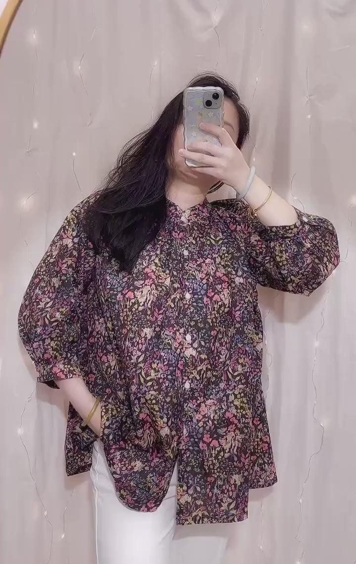 Liberty London Mandarin Collared Blouse, Bespoke Raglan 3/4 Sleeves Top, Handmade Botanical Shirt, Sustainable Personalised Cotton Clothing