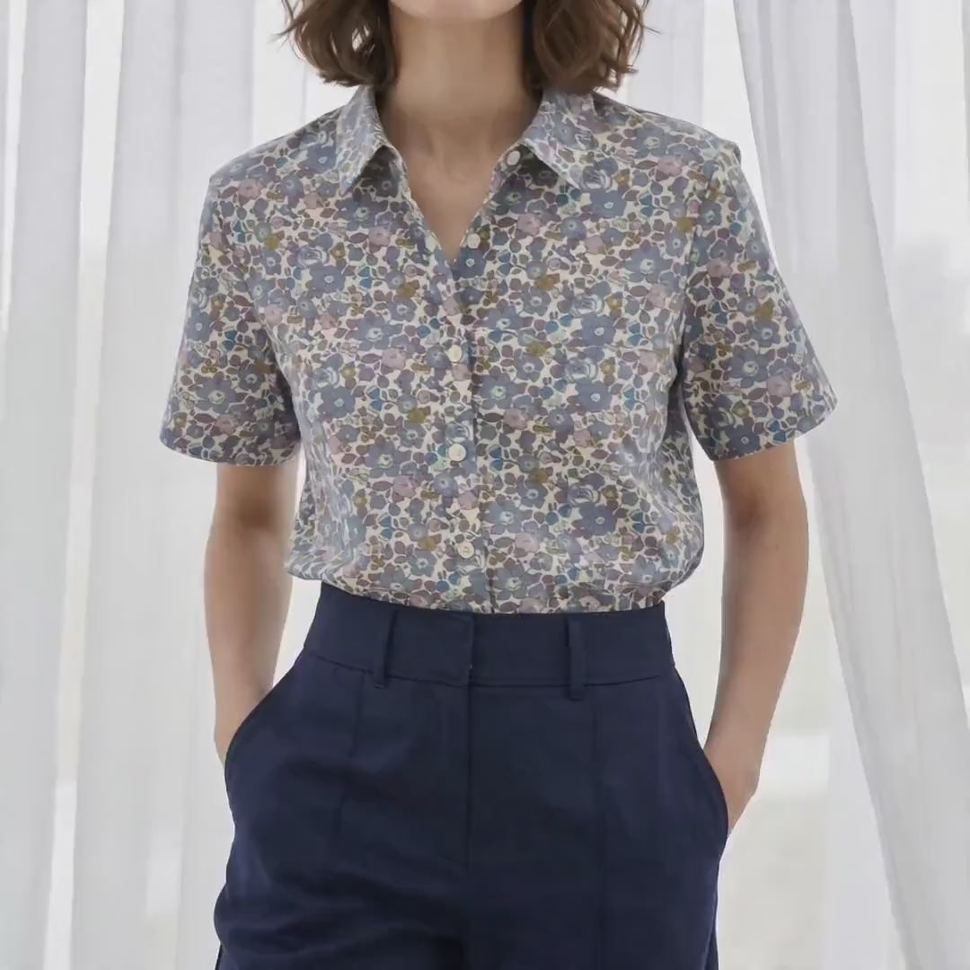 Liberty London Classic Short Sleeves Button-up Shirt, Tailoring Botanical Chemise, Versatile Sustainable Personalised Womenswear