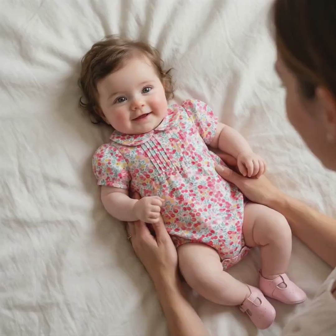 Liberty London Heirloom Children-wear, Peter-Pan Collared Short-Sleeved Ditsy Bubble Romper, Handmade Sustainable Luxury Clothing