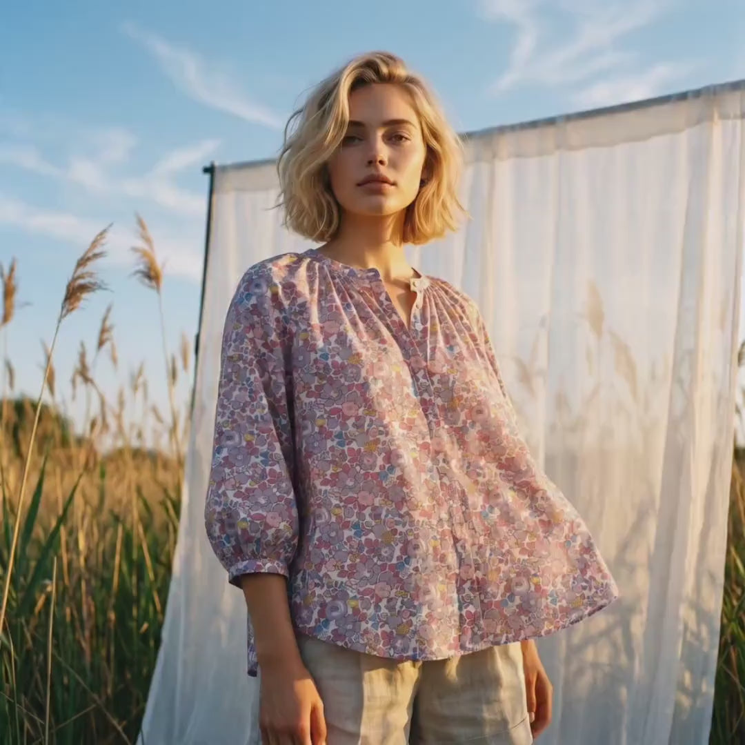 Liberty London Gathered Blouse, Three-quarter Bishop Sleeves Shirt, Handcrafted Tailoring Clothing, Button-up Botanical Chemise