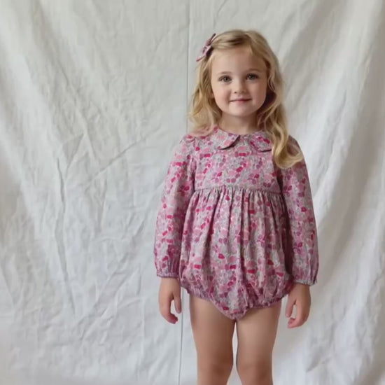 Liberty London Long Sleeves Peter Pan Collar Bubble Romper, Cotton Ditsy Floral Print Playsuit
