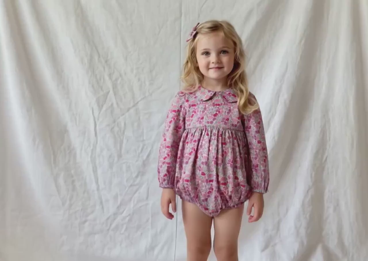 Liberty London Long Sleeves Peter Pan Collar Bubble Romper, Cotton Ditsy Floral Print Playsuit
