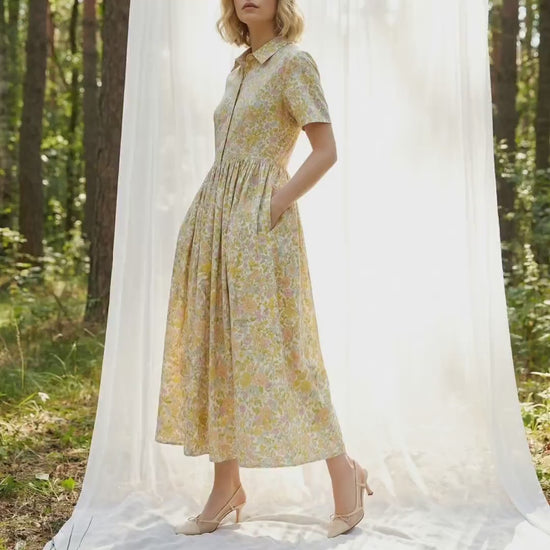 Liberty London Short-Sleeved Shirtdress, Handmade Botanical Floral-Print Womenswear, Midi Tailoring Dress, Sustainable Ethical Clothing