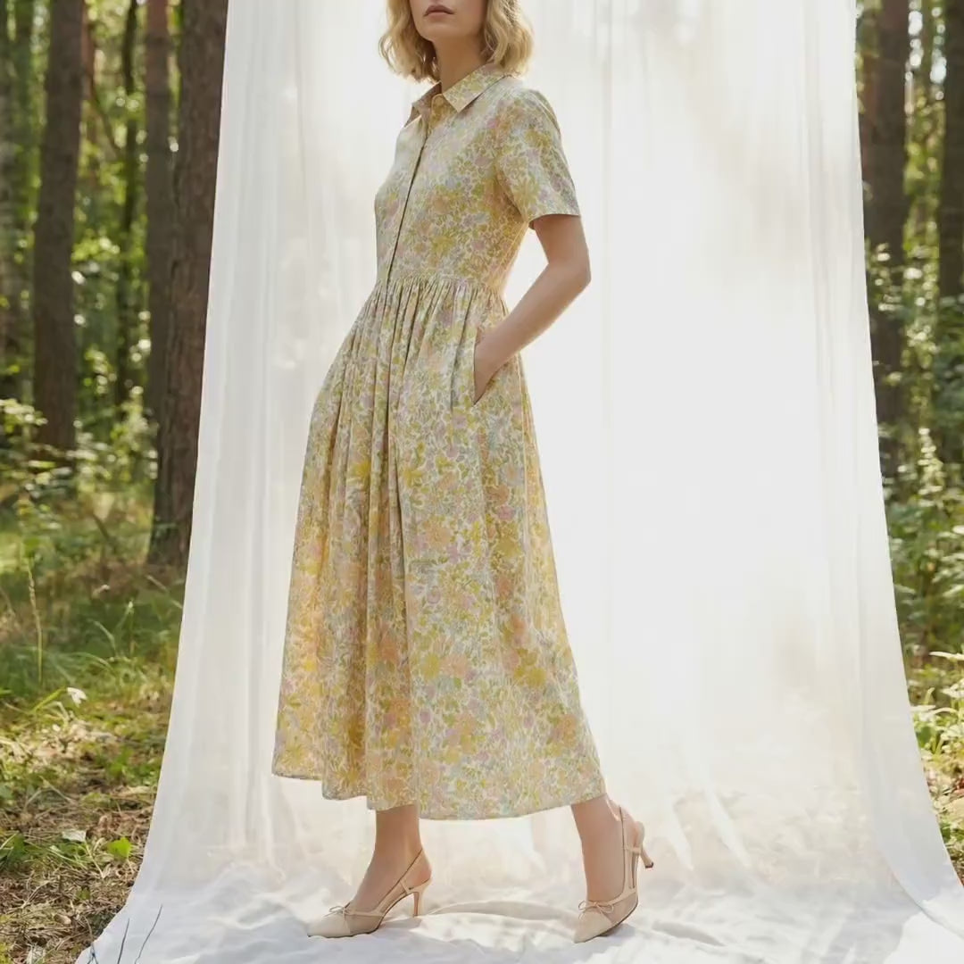 Liberty London Short-Sleeved Shirtdress, Handmade Botanical Floral-Print Womenswear, Midi Tailoring Dress, Sustainable Ethical Clothing