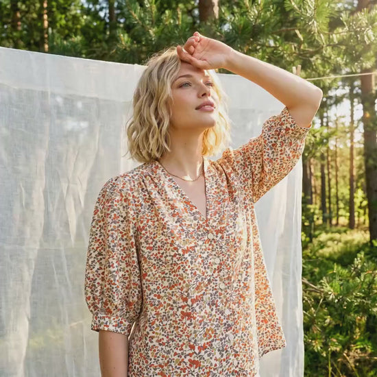 Liberty London V-neck Bishop Sleeves Blouse, Handmade Botanical Shirt, Personalised Sustainable Womenswear, Cotton Clothing