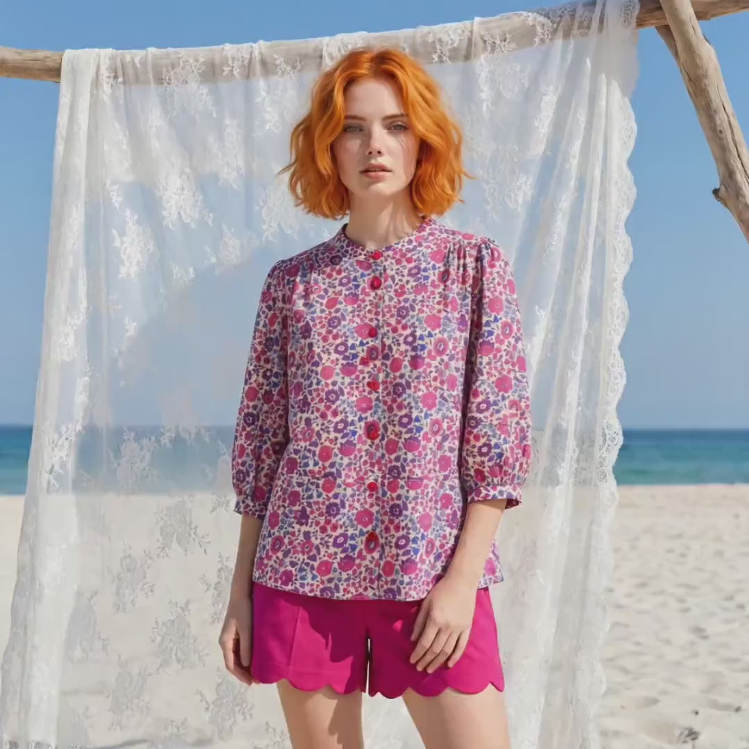 Liberty London Mandarin Collar Blouse, Bishop Three-quarter Sleeves Shirt, Handmade Womenswear, Sustainable Cotton Clothing
