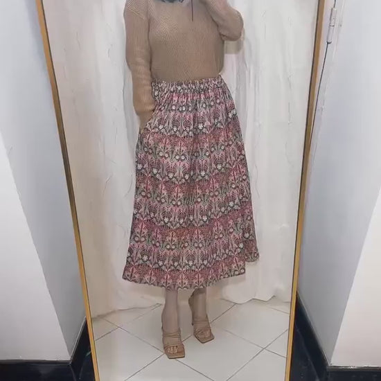 Liberty London Woman Midi Skirt: Elastic Waist Flare Skirt, Ditsy Botanical Floral Print