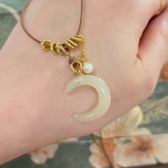 Natural Nephrite Jade Pendant, Half-moon Necklace, Handmade Accessories, Women Unique Stone Pieces, Icy High Quality